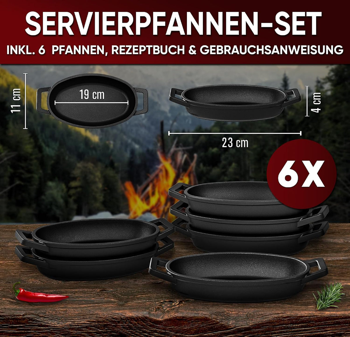 GUSSKÖNIG Mini Servierpfannen Set – 6 ovale Gusseisen Grillpfännchen für den Grill – Gusseisenpfanne klein 11 × 19 cm – eingebrannte Mini Pfannen – 30 Jahre Garantie