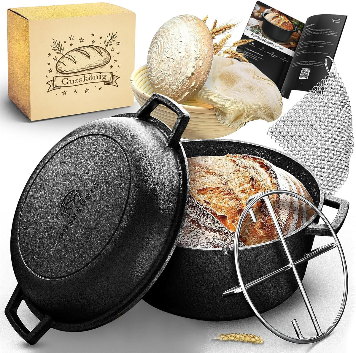 GUSSKÖNIG Gusseisen Topf Brot Backen mit Gärkörbchen – eingebrannte Brotbackform mit Deckel: 3L Topf & 1,5L Pfanne – Brottopf zum Backen–Brotbacktopf Set mit Rezeptbuch & Pflegepaste–30 Jahre Garantie