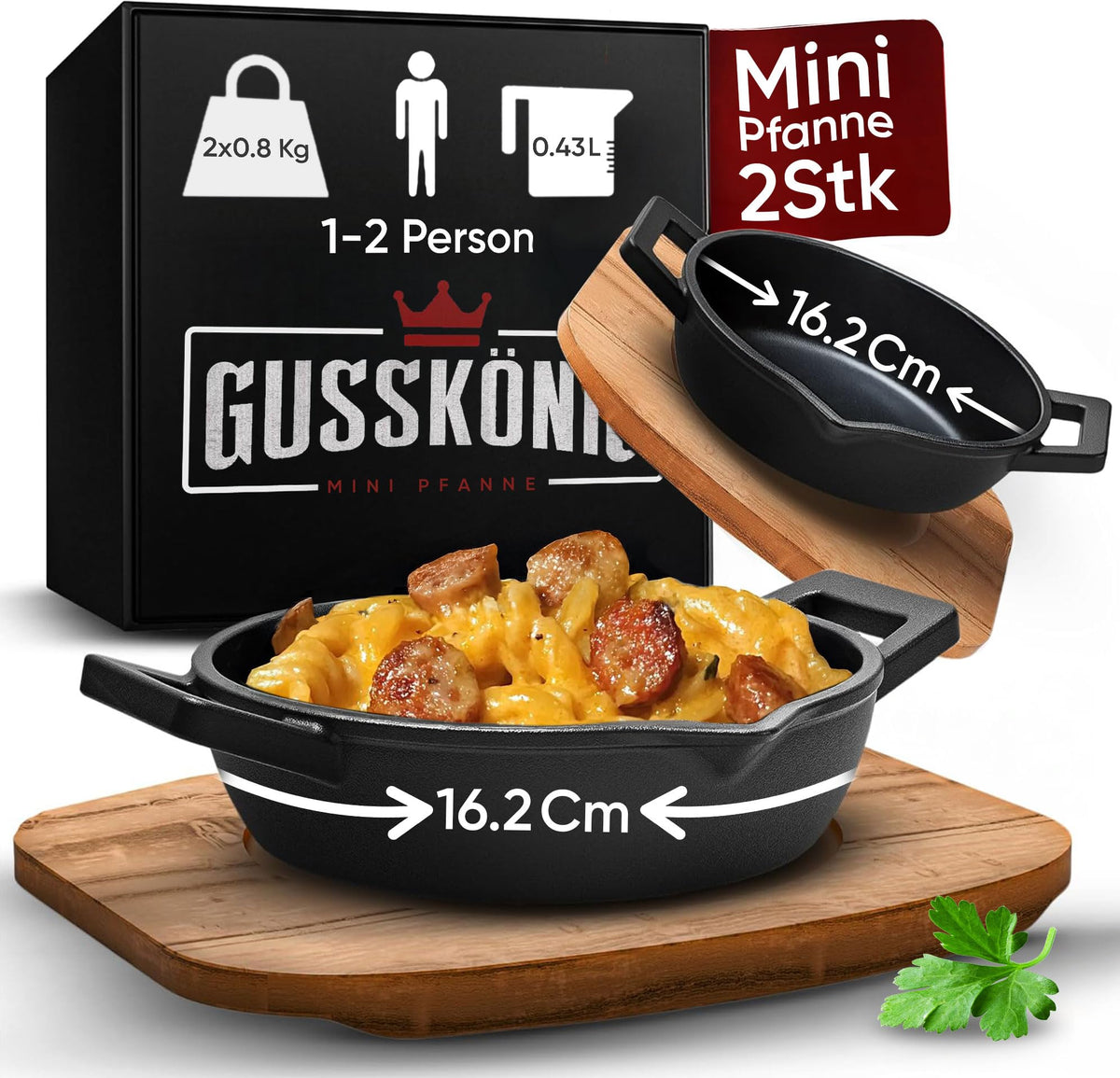GUSSKÖNIG Mini Servierpfannen Set – 6 ovale Gusseisen Grillpfännchen für den Grill – Gusseisenpfanne klein 11 × 19 cm – eingebrannte Mini Pfannen – 30 Jahre Garantie