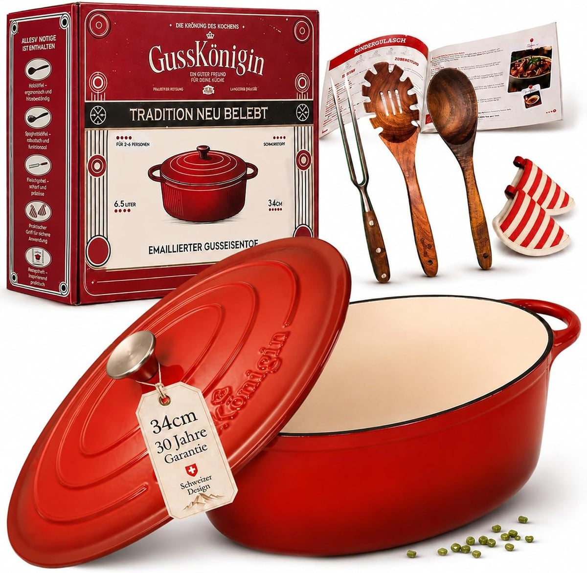 Bräter Gusseisen 34cm (XL)– Gusseisen-Topf & Schmortopf mit Deckel/Cocotte– Bräter & Schmortöpfe, Bräter mit Deckel backofengeeignet für Induktion & Ofen– inkl. Zubehör -30 jahr garantie