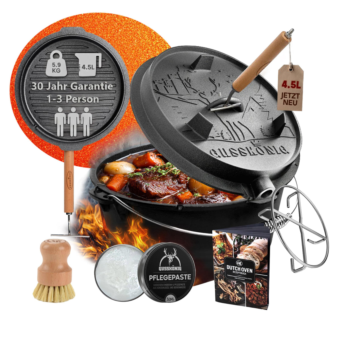 GUSSKÖNIG Premium 2in1 Dutch Oven 12L Set-Feuertopf Gusseisen mit Füßen