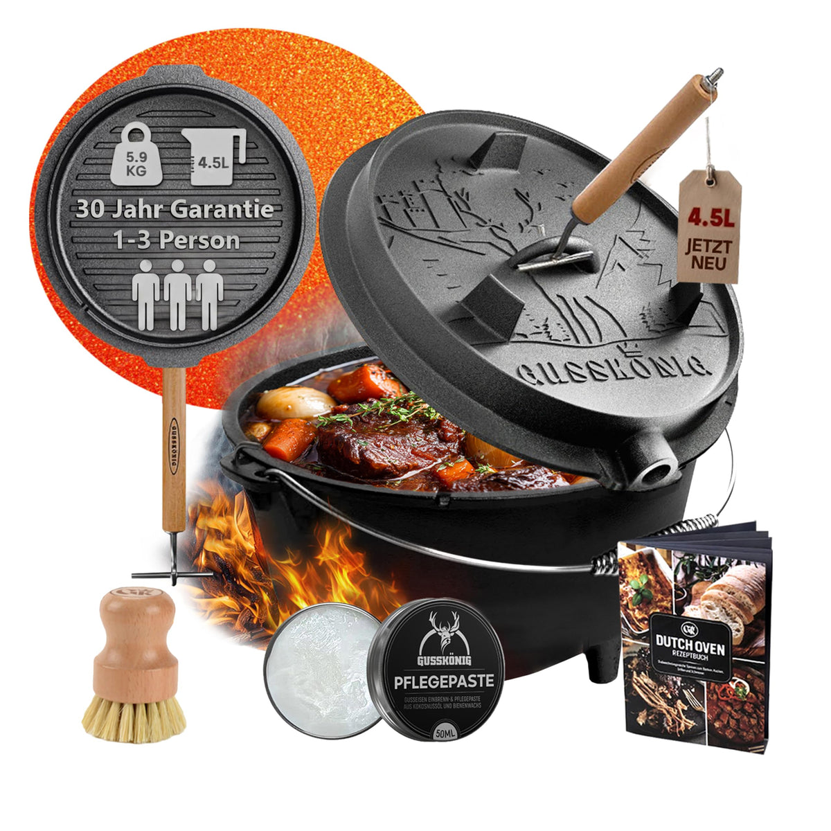 GUSSKÖNIG Premium 2in1 Dutch Oven 12L Set-Feuertopf Gusseisen mit Füßen