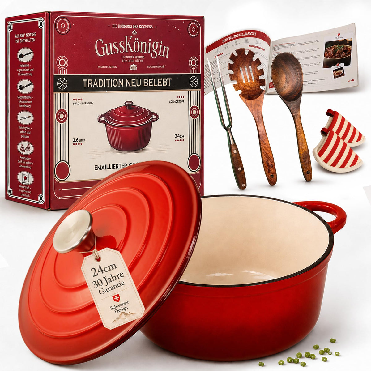 Bräter Gusseisen 34cm (XL)– Gusseisen-Topf & Schmortopf mit Deckel/Cocotte– Bräter & Schmortöpfe, Bräter mit Deckel backofengeeignet für Induktion & Ofen– inkl. Zubehör -30 jahr garantie