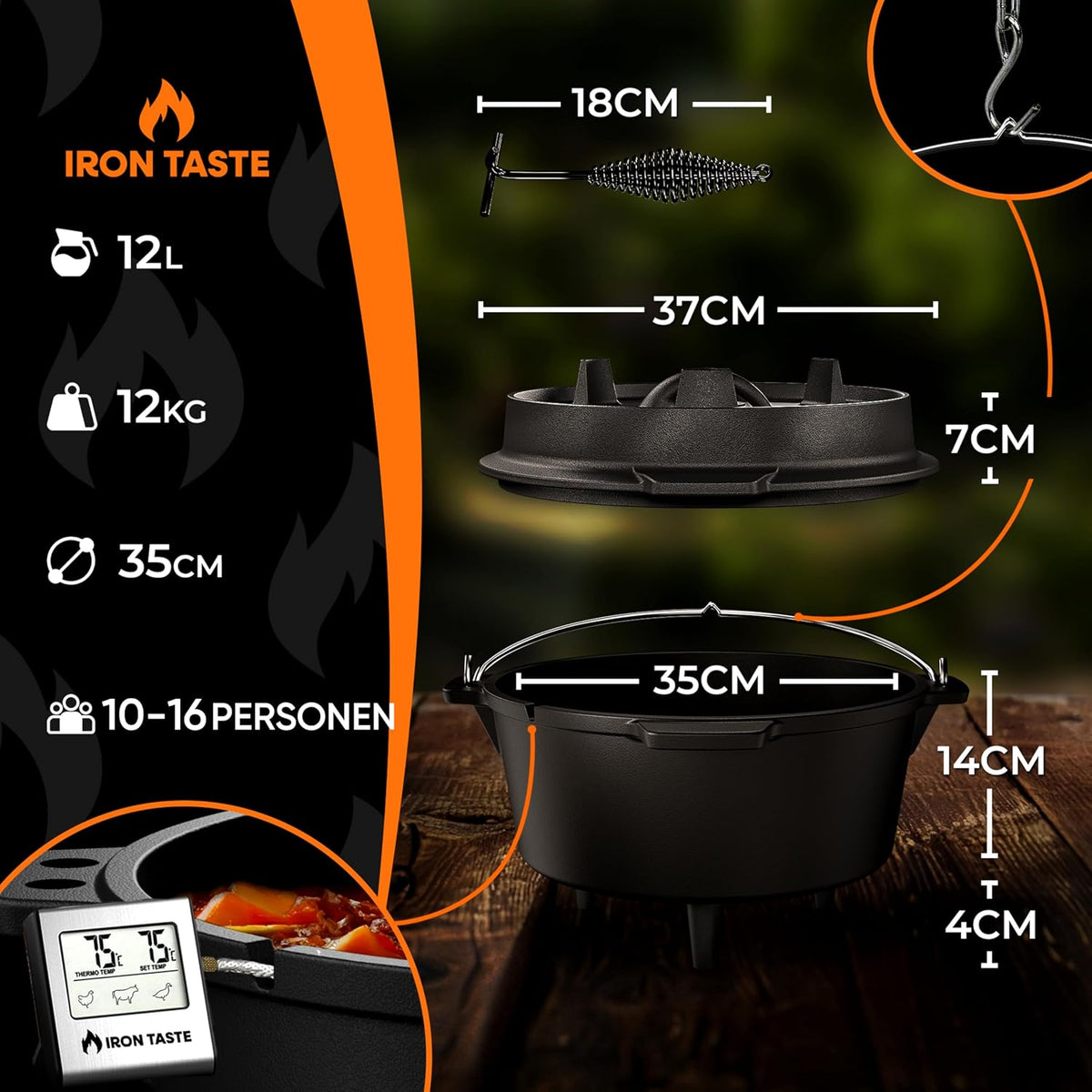 Dutch Oven Set 12L - Eingebrannter Dutch Oven 12 Liter - Feuertopf Gusseiserner Topf mit Füßen & mit praktischem Deckelheber [für 10-16 Personen]