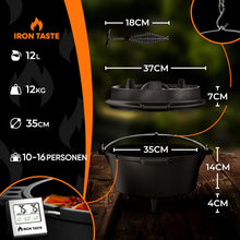 Dutch Oven Set 12L - Eingebrannter Dutch Oven 12 Liter - Feuertopf Gusseiserner Topf mit Füßen & mit praktischem Deckelheber [für 10-16 Personen]
