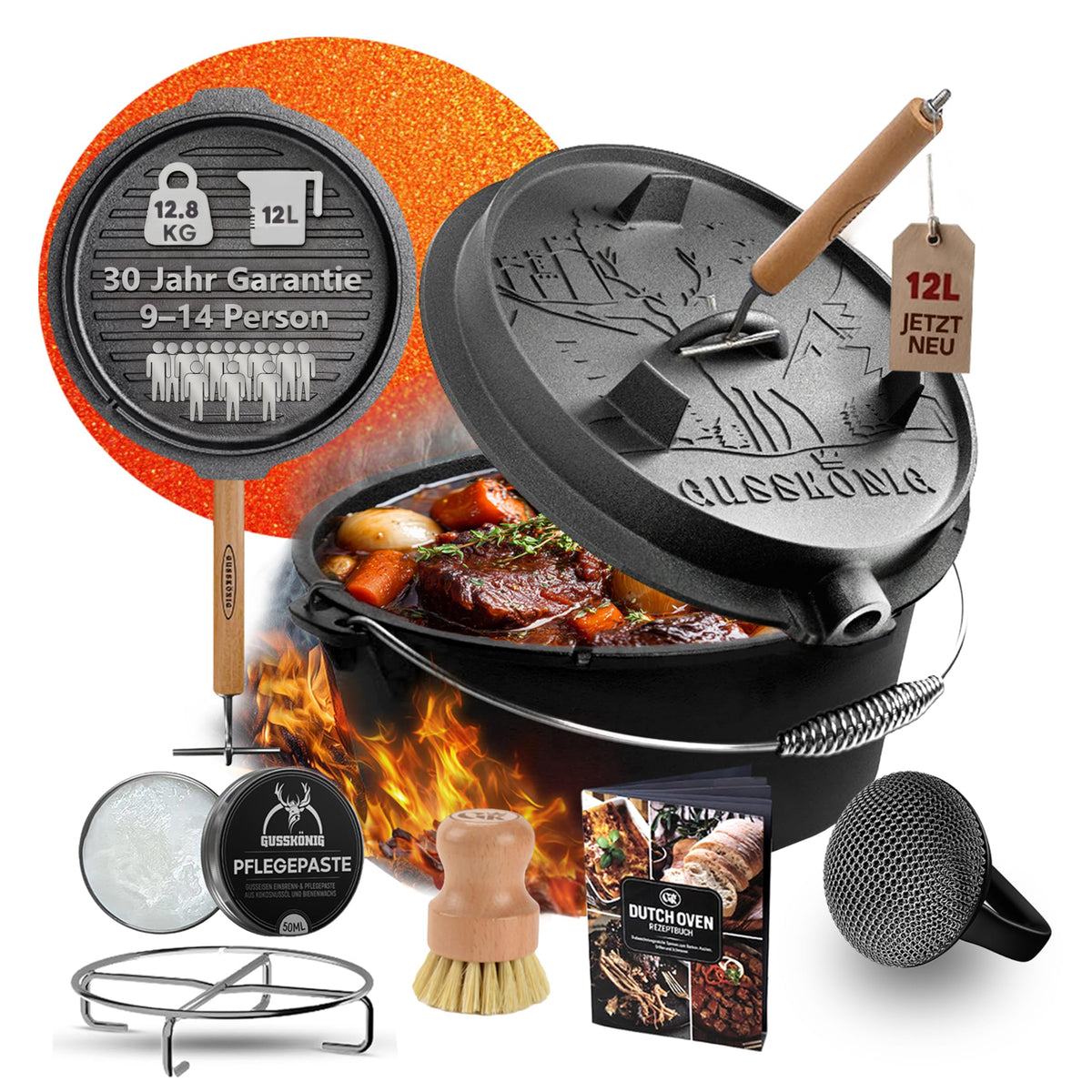 GUSSKÖNIG Premium 2in1 Dutch Oven 12L Set-Feuertopf Gusseisen mit Füßen