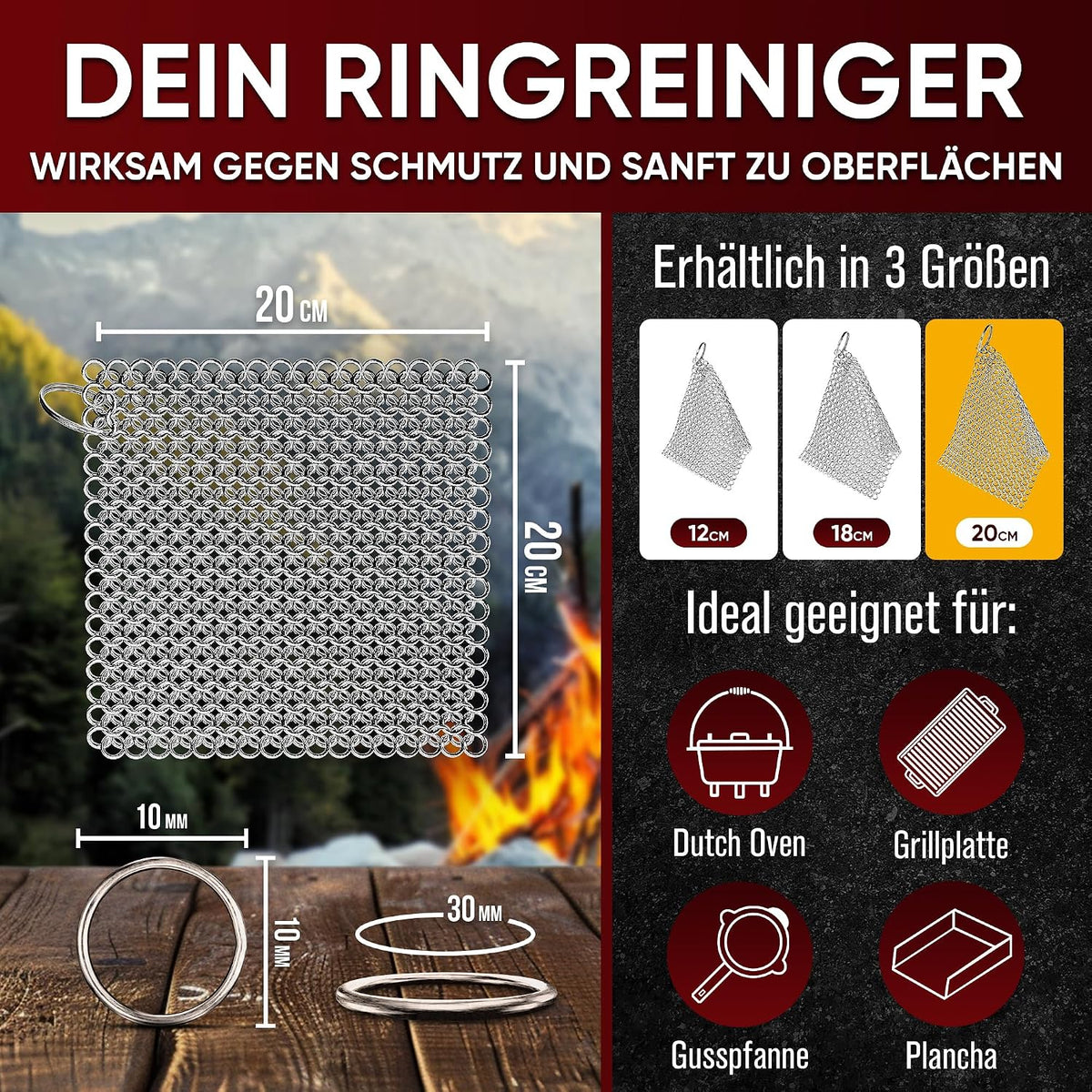 GUSSKÖNIG Gusseisen Ringreiniger (Rnig cleaner 20x20 cm)- Hochwertiger Edelstahl Ringreiniger für Effektive und schonende Reinigung von Gusseisenprodukten - Schützt Patina