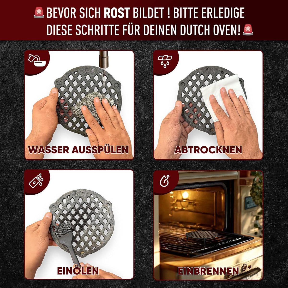 GUSSKÖNIG Gusseisen Stapelrost für 4,5 Liter Dutch Oven [Ø 20cm] - Einsatz für Dutch Oven - Staple Grate - Grillrost Dreibein Gusseisen DutchOven Untersetzer - DutchOven Zubehör