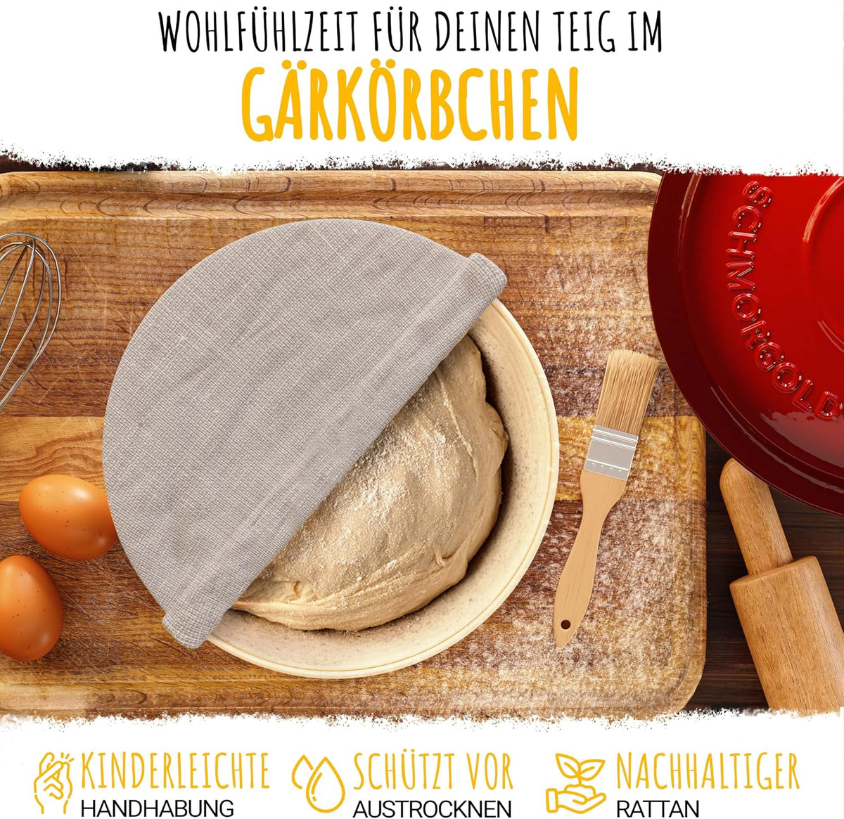 Susani SCHMORGOLD Brotbackform 26cm inkl. Gärkorb - Gusseisen Topf zum Brot Backen - emaille Topf, Schmortopf Gusseisen, Brottopf, Brot Backen Zubehör