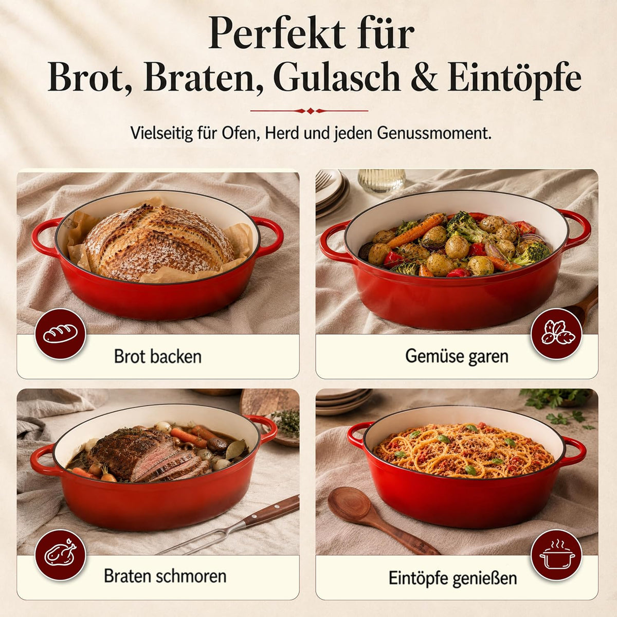 Bräter Gusseisen 34cm (XL)– Gusseisen-Topf & Schmortopf mit Deckel/Cocotte– Bräter & Schmortöpfe, Bräter mit Deckel backofengeeignet für Induktion & Ofen– inkl. Zubehör -30 jahr garantie