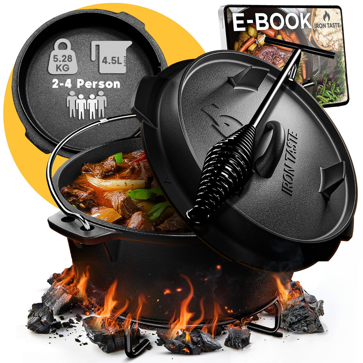 Dutch Oven Set 12L - Eingebrannter Dutch Oven 12 Liter - Feuertopf Gusseiserner Topf mit Füßen & mit praktischem Deckelheber [für 10-16 Personen]