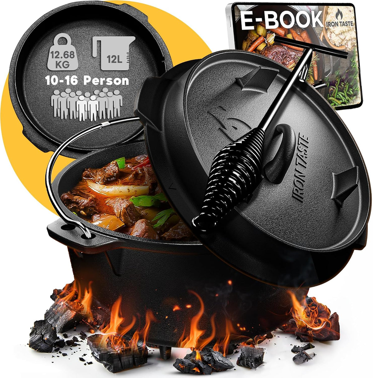 Dutch Oven Set 12L - Eingebrannter Dutch Oven 12 Liter - Feuertopf Gusseiserner Topf mit Füßen & mit praktischem Deckelheber [für 10-16 Personen]