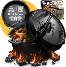 Dutch Oven Set 12L - Eingebrannter Dutch Oven 12 Liter - Feuertopf Gusseiserner Topf mit Füßen & mit praktischem Deckelheber [für 10-16 Personen]