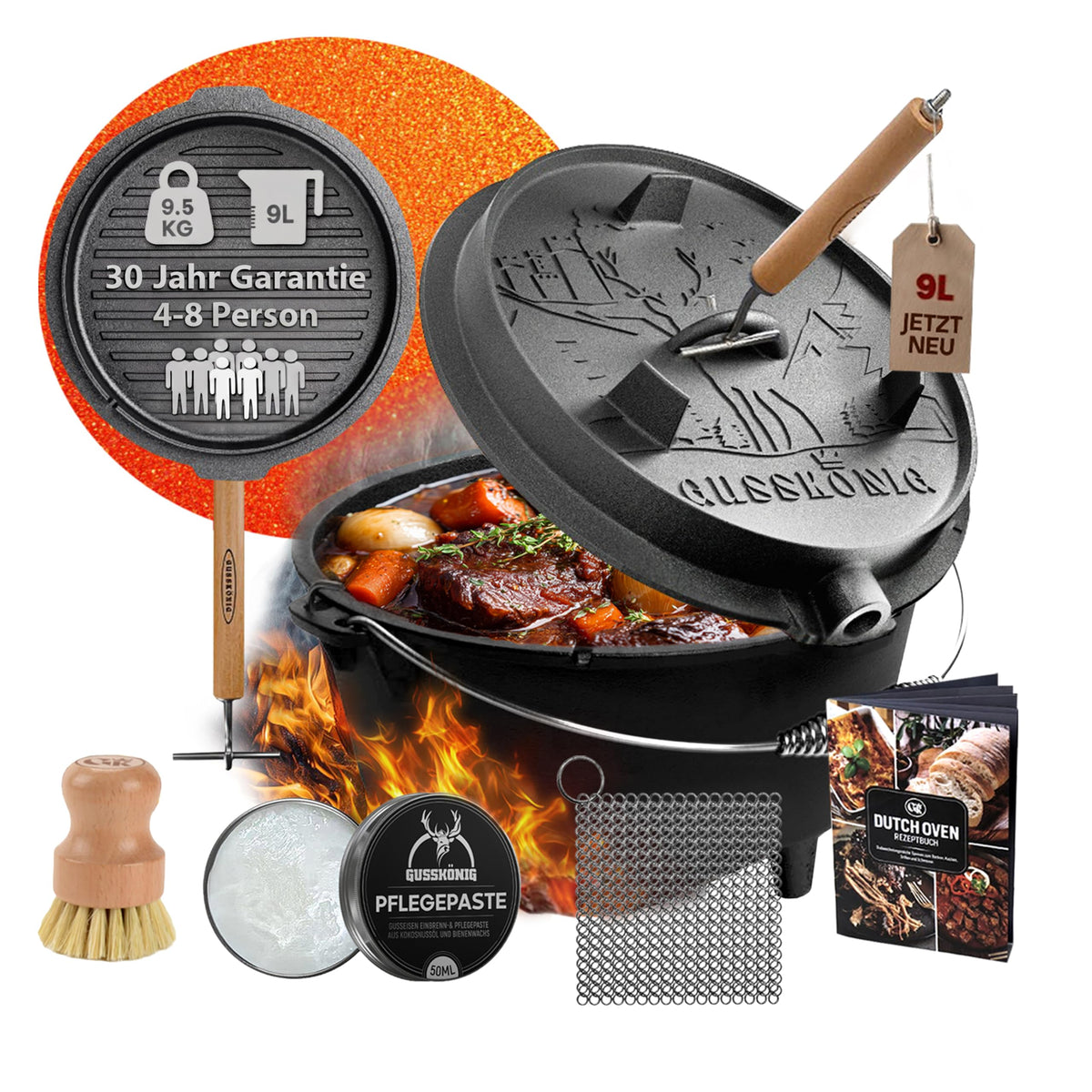 GUSSKÖNIG Premium 2in1 Dutch Oven 12L Set-Feuertopf Gusseisen mit Füßen