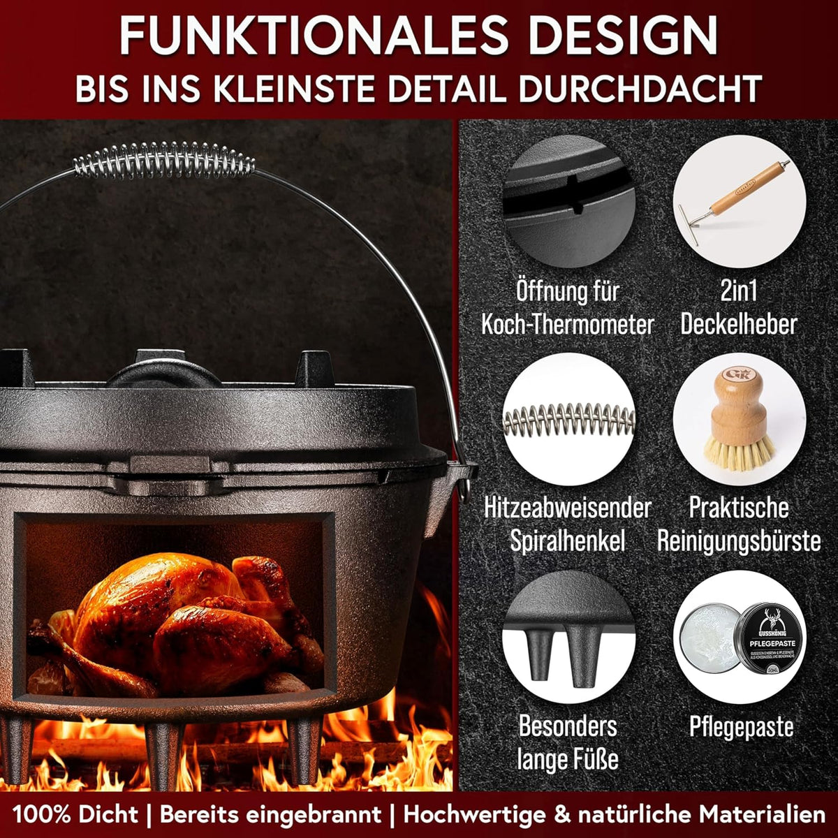 GUSSKÖNIG Premium 2in1 Dutch Oven 12L Set-Feuertopf Gusseisen mit Füßen