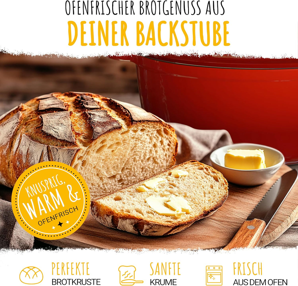 Brotbackform 26cm inkl. Gärkorb - Gusseisen Topf zum Brot Backen - emaille Topf, Schmortopf Gusseisen, Brottopf, Brot Backen Zubehör
