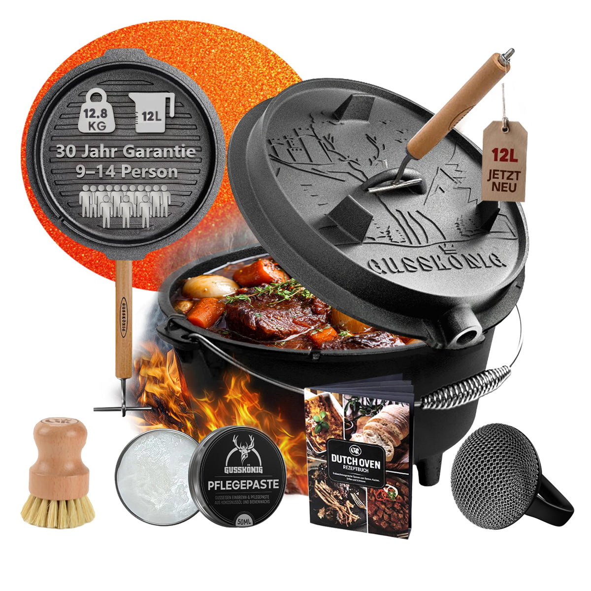 GUSSKÖNIG Premium 2in1 Dutch Oven 12L Set-Feuertopf Gusseisen mit Füßen
