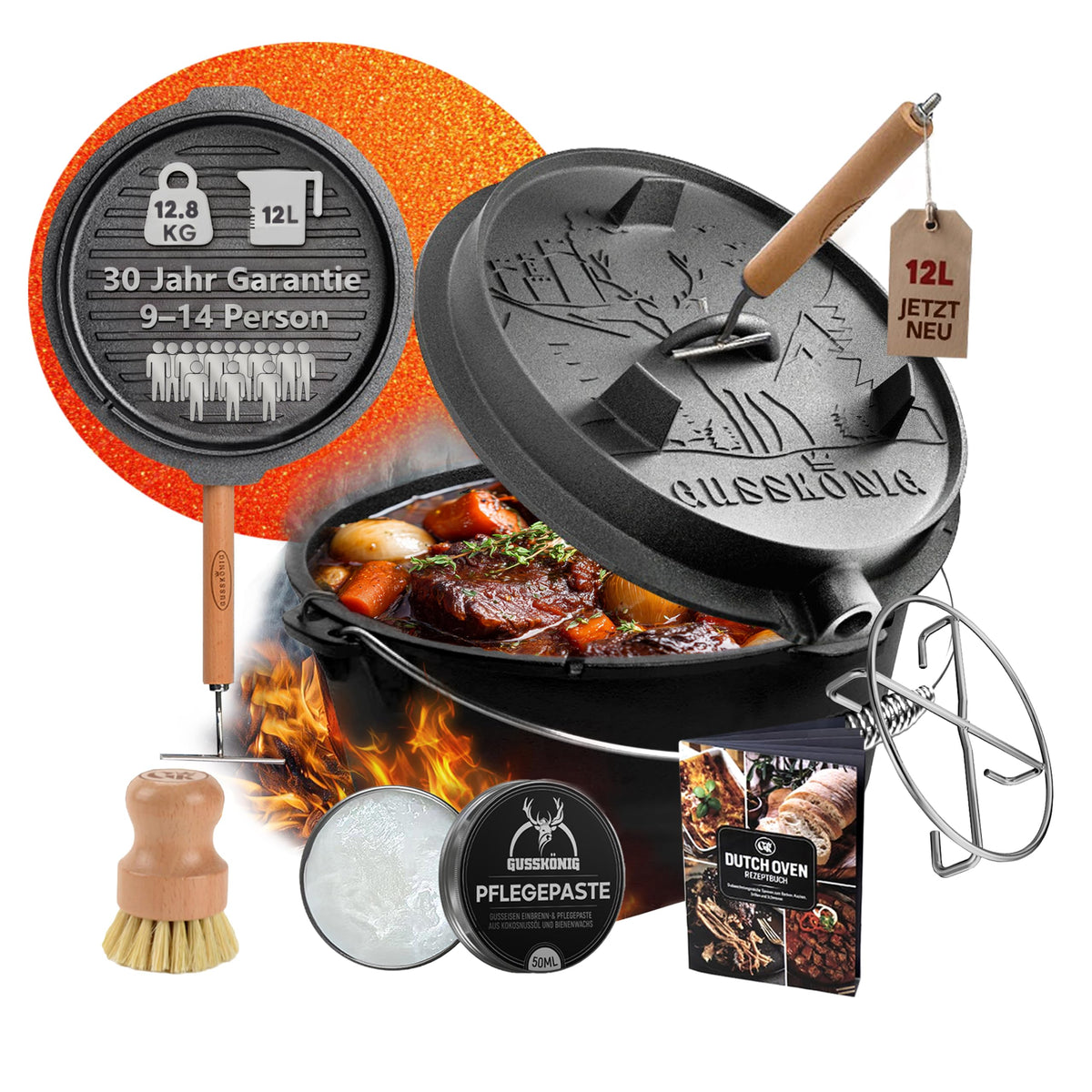 GUSSKÖNIG Premium 2in1 Dutch Oven 12L Set-Feuertopf Gusseisen mit Füßen