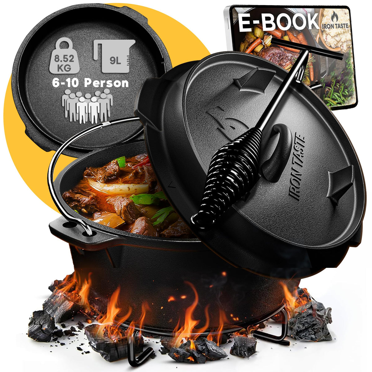 Dutch Oven Set 12L - Eingebrannter Dutch Oven 12 Liter - Feuertopf Gusseiserner Topf mit Füßen & mit praktischem Deckelheber [für 10-16 Personen]