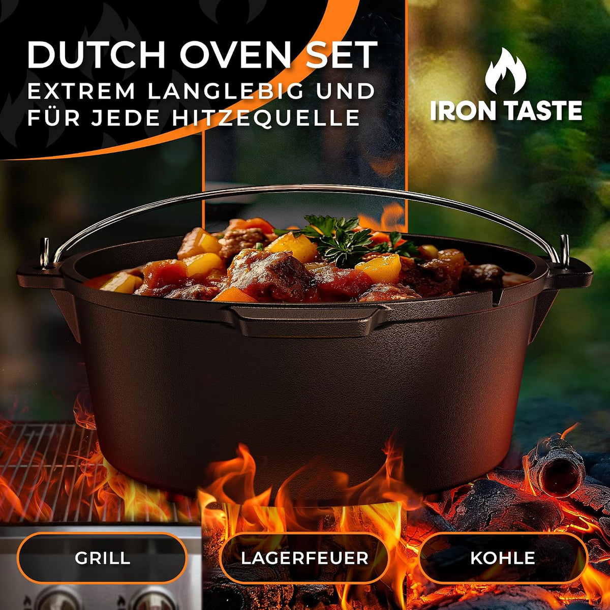 Dutch Oven Set 12L - Eingebrannter Dutch Oven 12 Liter - Feuertopf Gusseiserner Topf mit Füßen & mit praktischem Deckelheber [für 10-16 Personen]