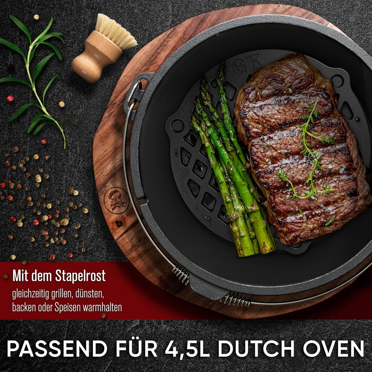GUSSKÖNIG Gusseisen Stapelrost für 4,5 Liter Dutch Oven [Ø 20cm] - Einsatz für Dutch Oven - Staple Grate - Grillrost Dreibein Gusseisen DutchOven Untersetzer - DutchOven Zubehör