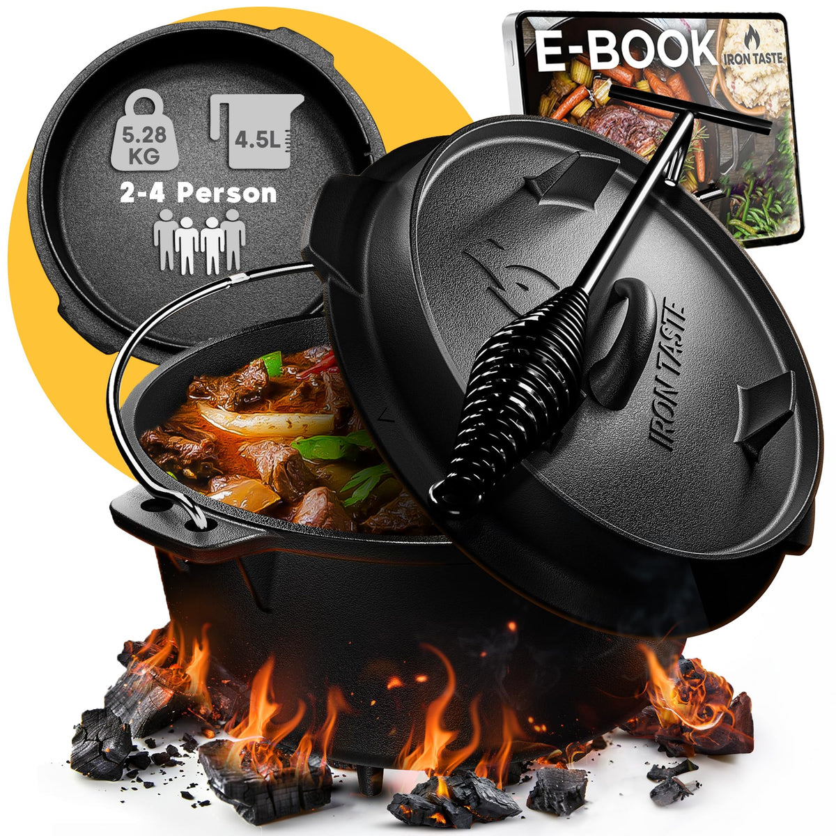 Dutch Oven Set 12L - Eingebrannter Dutch Oven 12 Liter - Feuertopf Gusseiserner Topf mit Füßen & mit praktischem Deckelheber [für 10-16 Personen]
