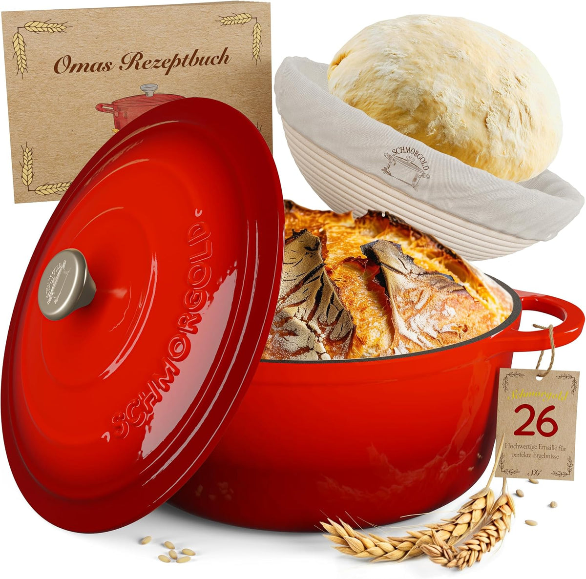 Brotbackform 26cm inkl. Gärkorb - Gusseisen Topf zum Brot Backen - emaille Topf, Schmortopf Gusseisen, Brottopf, Brot Backen Zubehör