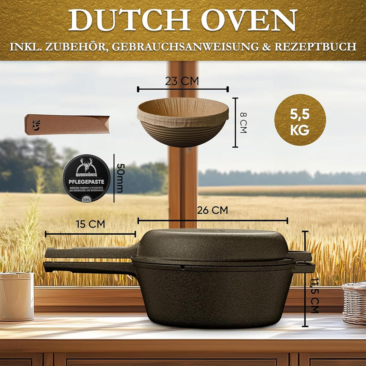 GUSSKÖNIG Gusseisen Topf Brot Backen mit Gärkörbchen – eingebrannte Brotbackform mit Deckel: 3L Topf & 1,5L Pfanne – Brottopf zum Backen–Brotbacktopf Set mit Rezeptbuch & Pflegepaste–30 Jahre Garantie