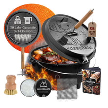 GUSSKÖNIG Premium 2in1 Dutch Oven 12L Set-Feuertopf Gusseisen mit Füßen