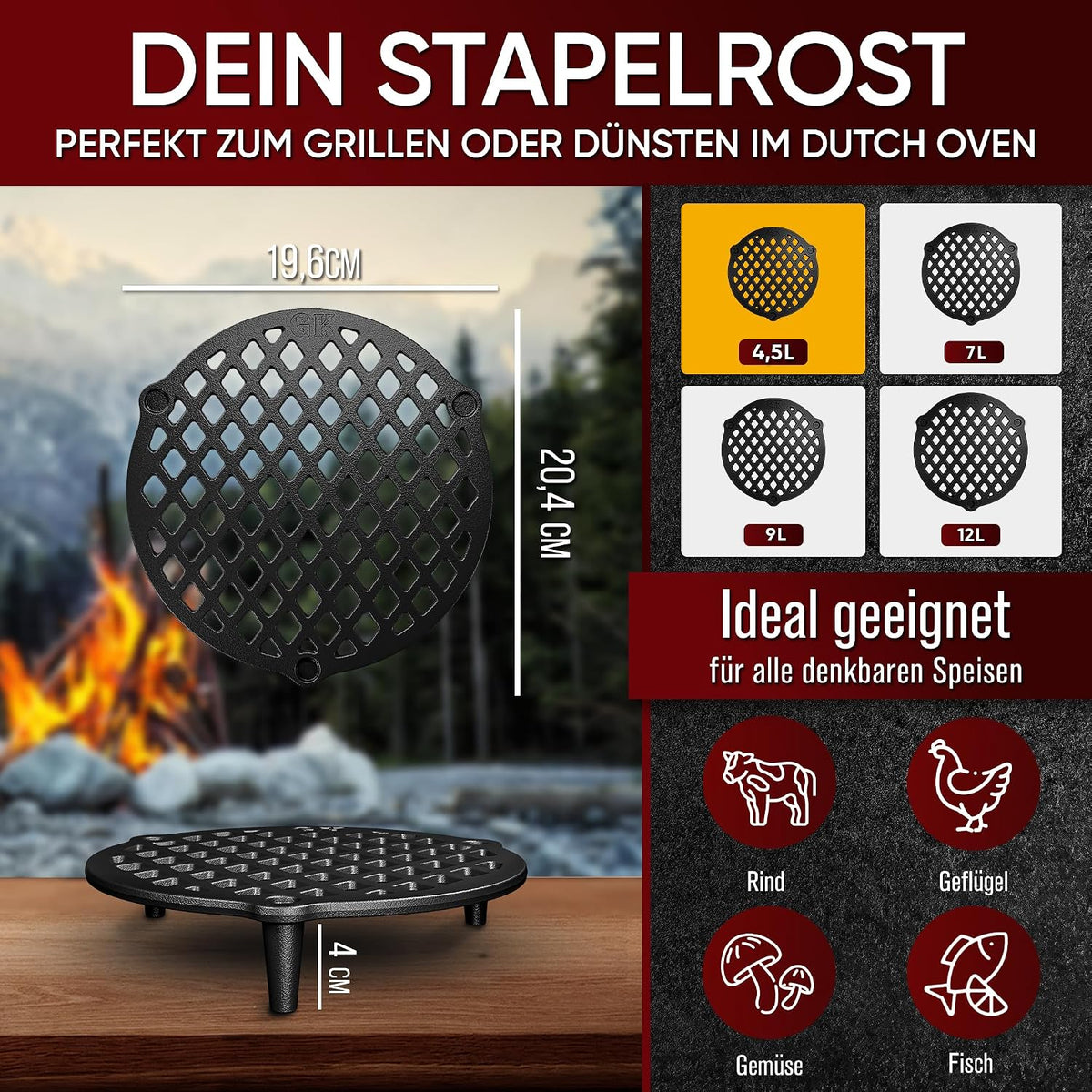 GUSSKÖNIG Gusseisen Stapelrost für 4,5 Liter Dutch Oven [Ø 20cm] - Einsatz für Dutch Oven - Staple Grate - Grillrost Dreibein Gusseisen DutchOven Untersetzer - DutchOven Zubehör