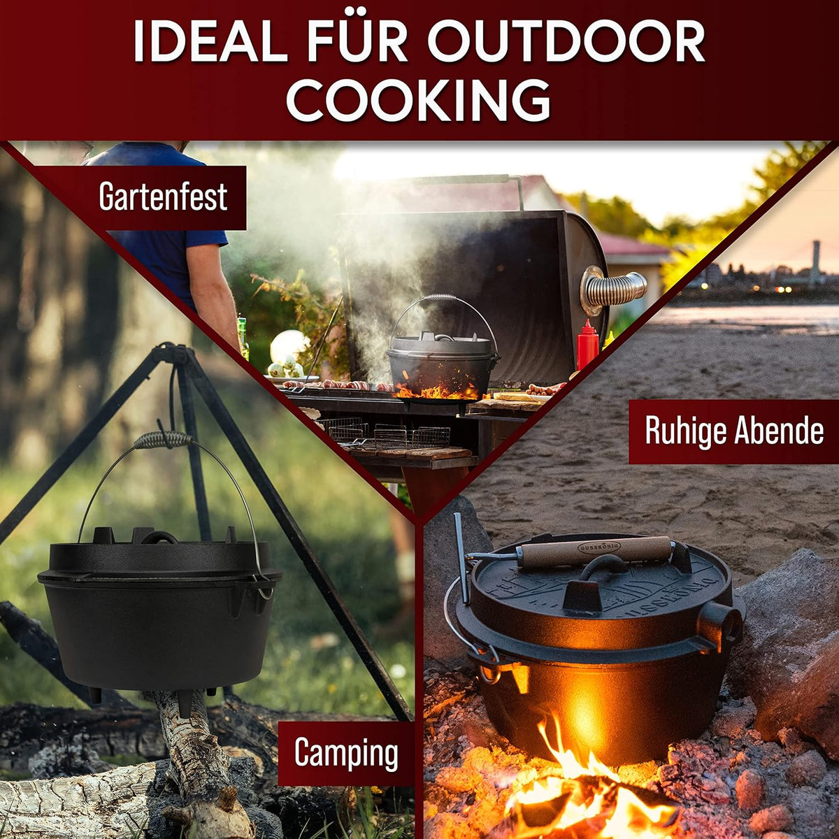GUSSKÖNIG Premium 2in1 Dutch Oven 12L Set-Feuertopf Gusseisen mit Füßen