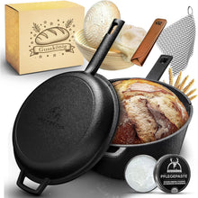GUSSKÖNIG Gusseisen Topf Brot Backen mit Gärkörbchen – eingebrannte Brotbackform mit Deckel: 3L Topf & 1,5L Pfanne – Brottopf zum Backen–Brotbacktopf Set mit Rezeptbuch & Pflegepaste–30 Jahre Garantie