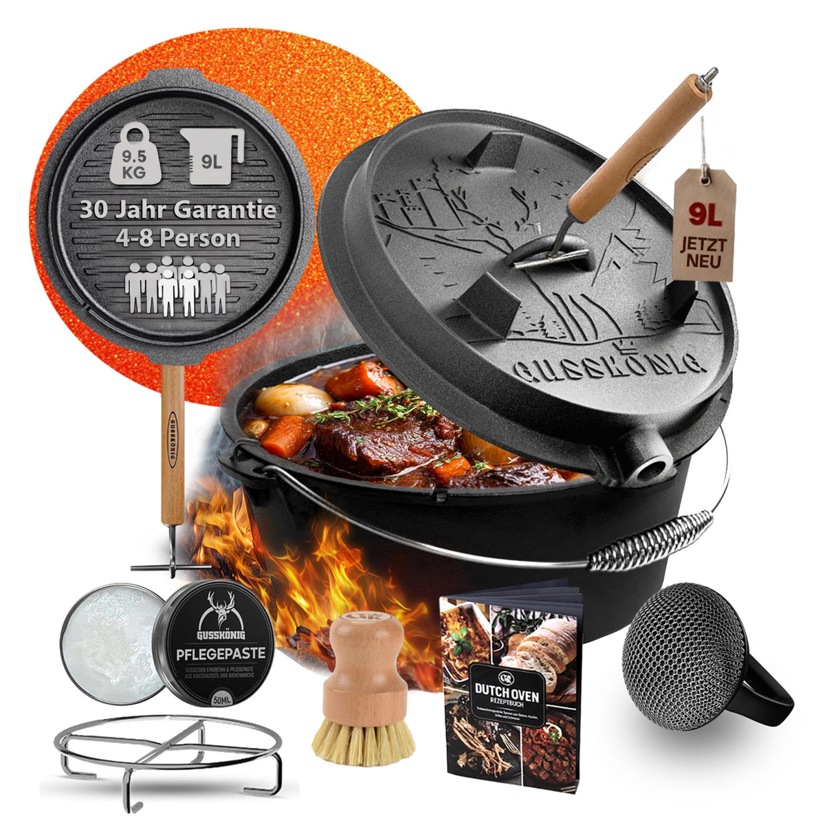 GUSSKÖNIG Premium 2in1 Dutch Oven 12L Set-Feuertopf Gusseisen mit Füßen
