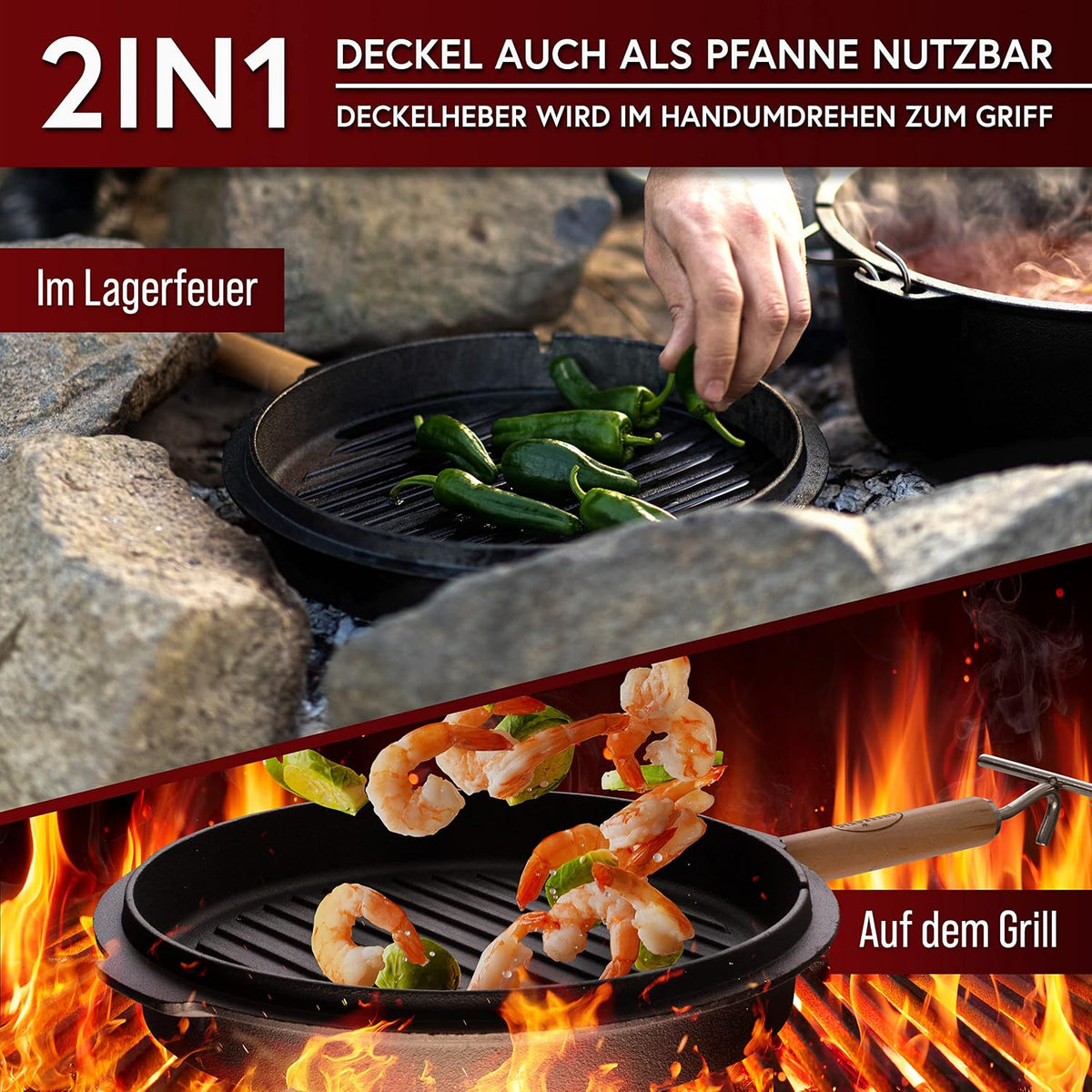 GUSSKÖNIG Premium 2in1 Dutch Oven 12L Set-Feuertopf Gusseisen mit Füßen