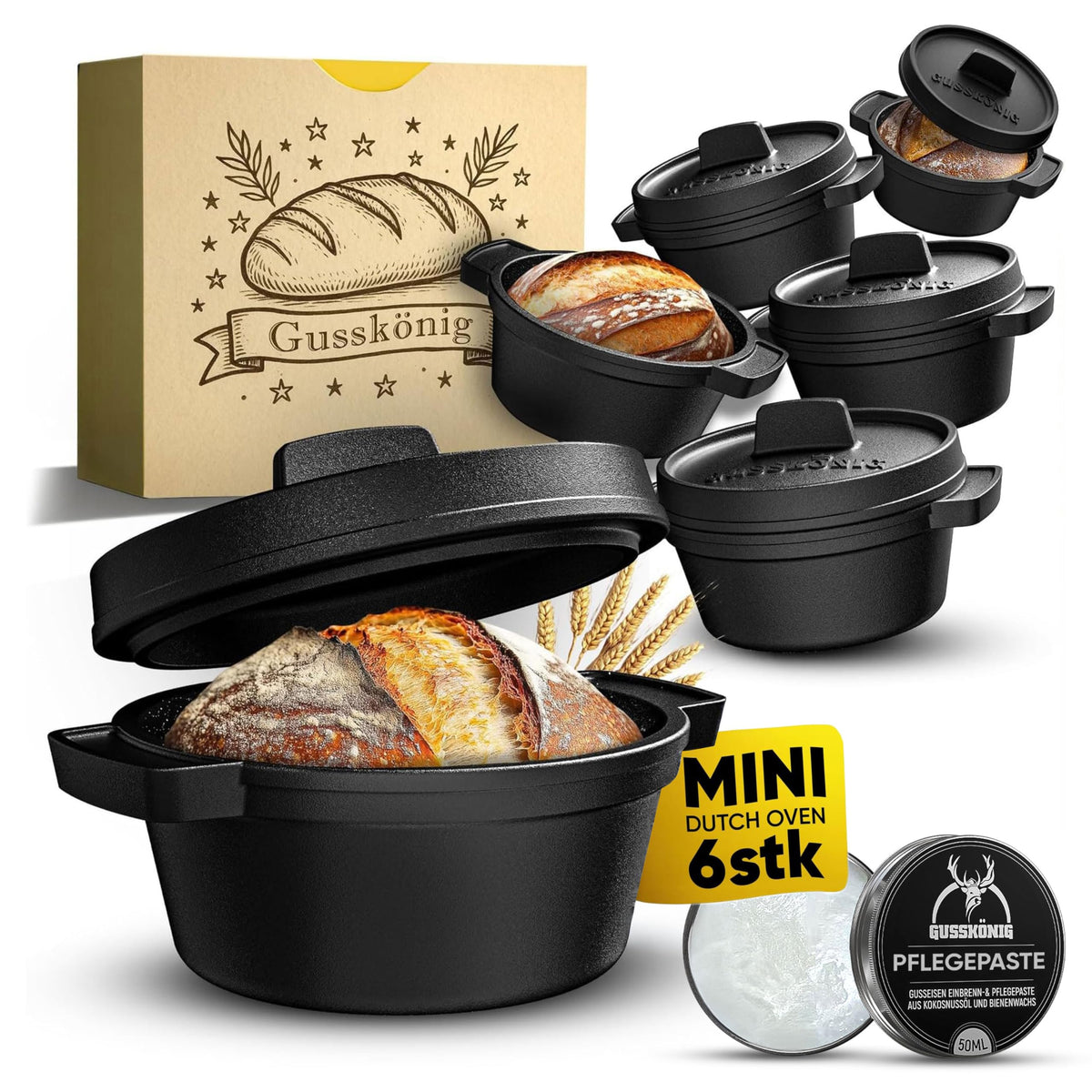 GUSSKÖNIG Gusseisen Topf Brot Backen mit Gärkörbchen – eingebrannte Brotbackform mit Deckel: 3L Topf & 1,5L Pfanne – Brottopf zum Backen–Brotbacktopf Set mit Rezeptbuch & Pflegepaste–30 Jahre Garantie