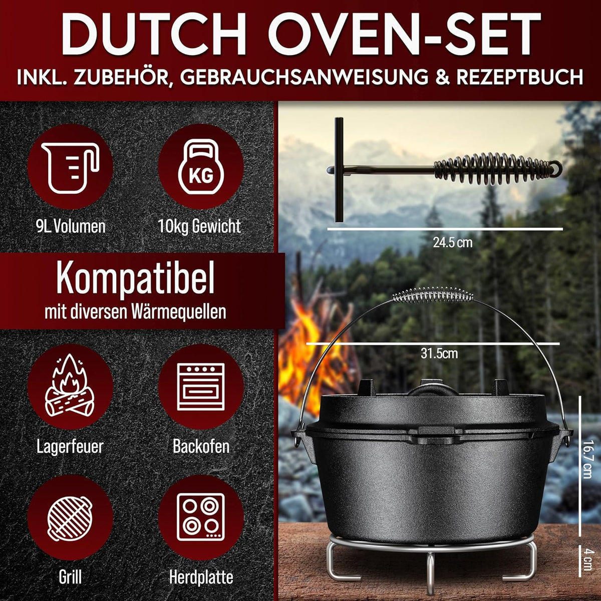 Rustikaler Dutch Oven mit Deckelheber und Untersetzer [5L, 7L, 9L, 12L]