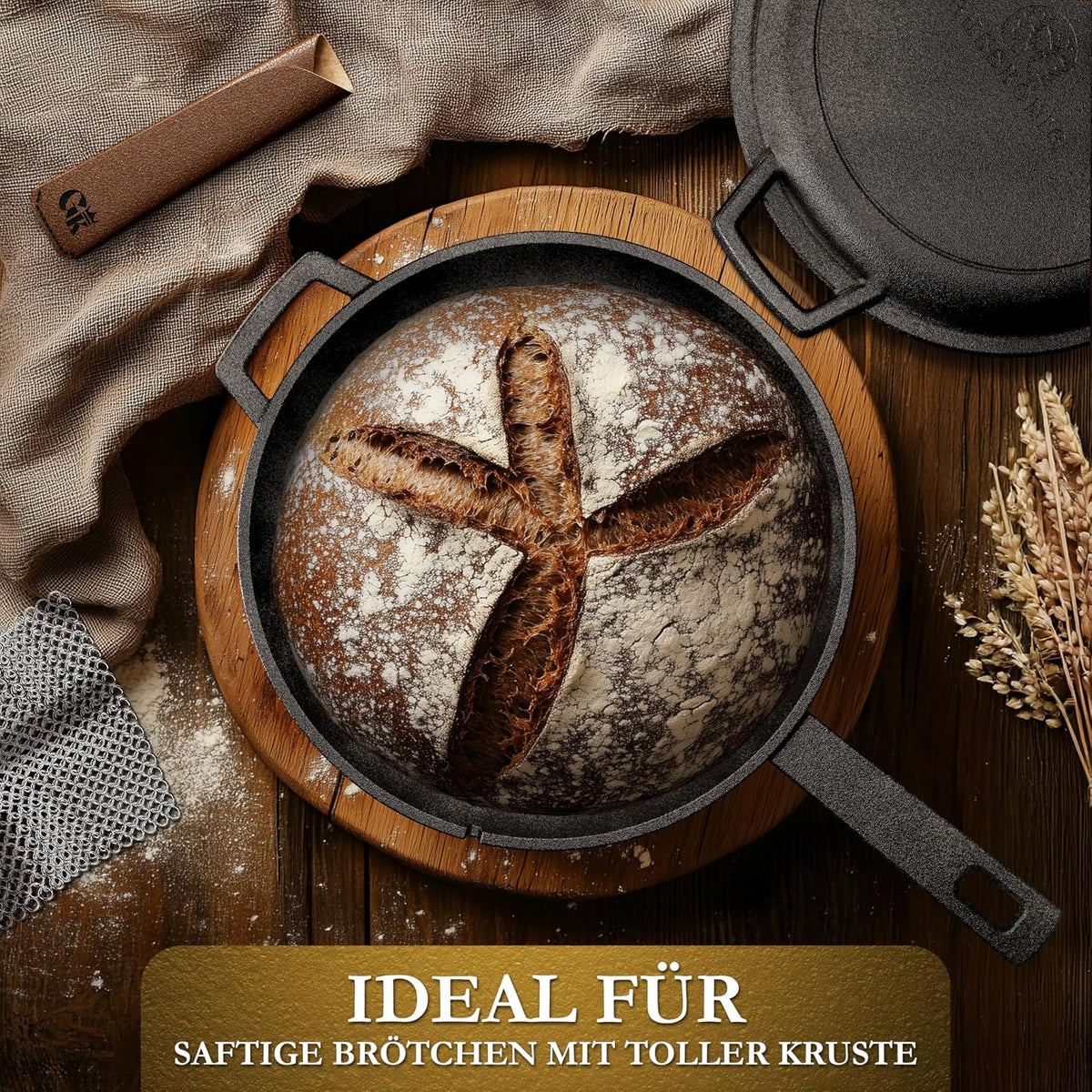 GUSSKÖNIG Gusseisen Topf Brot Backen mit Gärkörbchen – eingebrannte Brotbackform mit Deckel: 3L Topf & 1,5L Pfanne – Brottopf zum Backen–Brotbacktopf Set mit Rezeptbuch & Pflegepaste–30 Jahre Garantie
