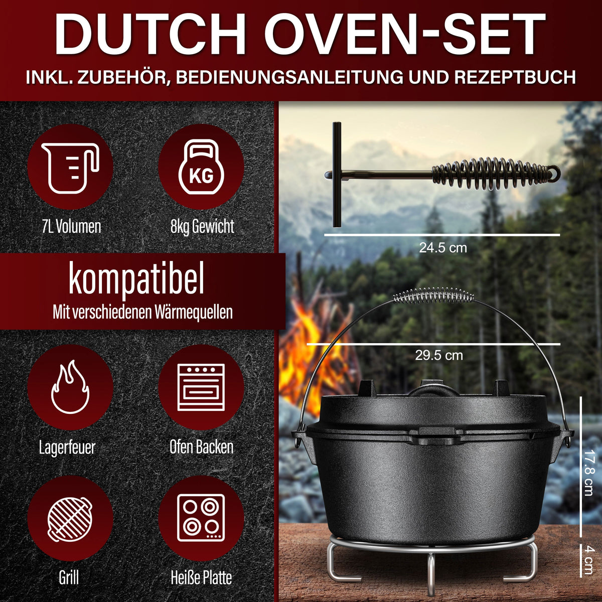 Rustikaler Dutch Oven mit Deckelheber und Untersetzer [5L, 7L, 9L, 12L]