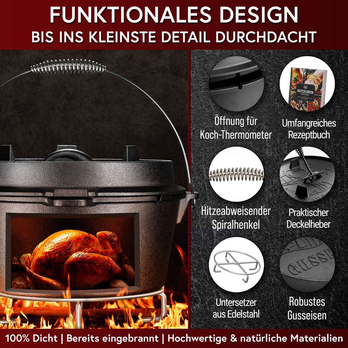 Rustikaler Dutch Oven mit Deckelheber und Untersetzer [5L, 7L, 9L, 12L]