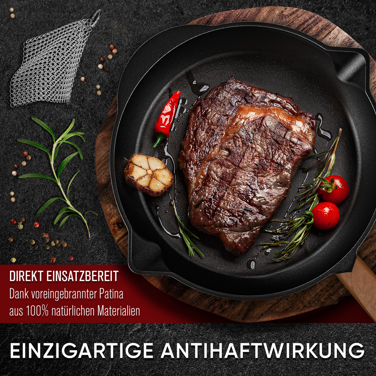 Bratpfanne mit Edelstahl Ringreiniger und Leder-Griffschutz [26cm,30cm]