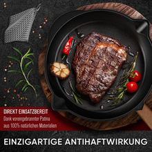 Bratpfanne mit Edelstahl Ringreiniger und Leder-Griffschutz [26cm,30cm]