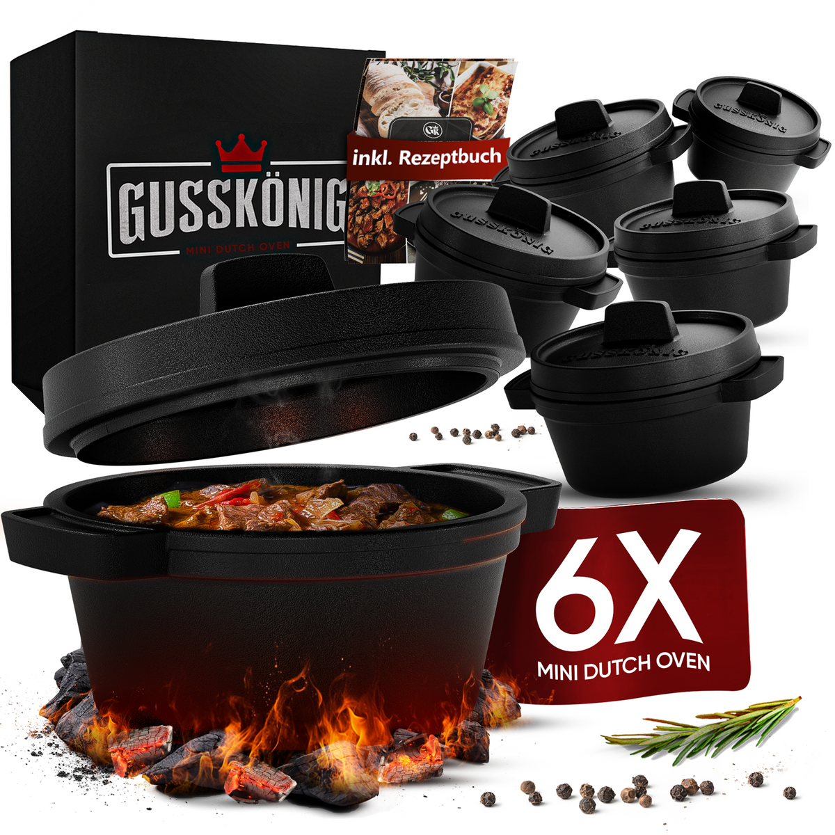 Dutch Oven Set Mini- 6x 300ml & 4x 300ml Gusseisen Mini Topf mit Deckel