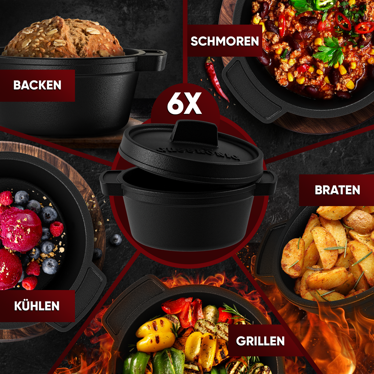 Dutch Oven Set Mini- 6x 300ml & 4x 300ml Gusseisen Mini Topf mit Deckel
