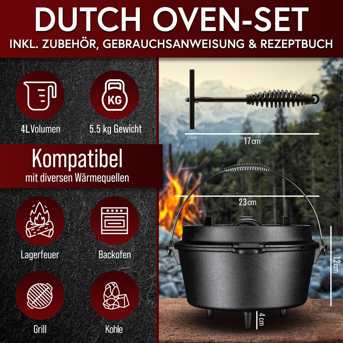Rustikaler Dutch Oven mit Deckelheber und Standfüßen [4L, 6L, 8L, 11L]