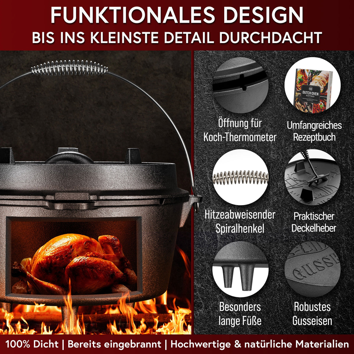 Rustikaler Dutch Oven mit Deckelheber und Standfüßen [4L, 6L, 8L, 11L]