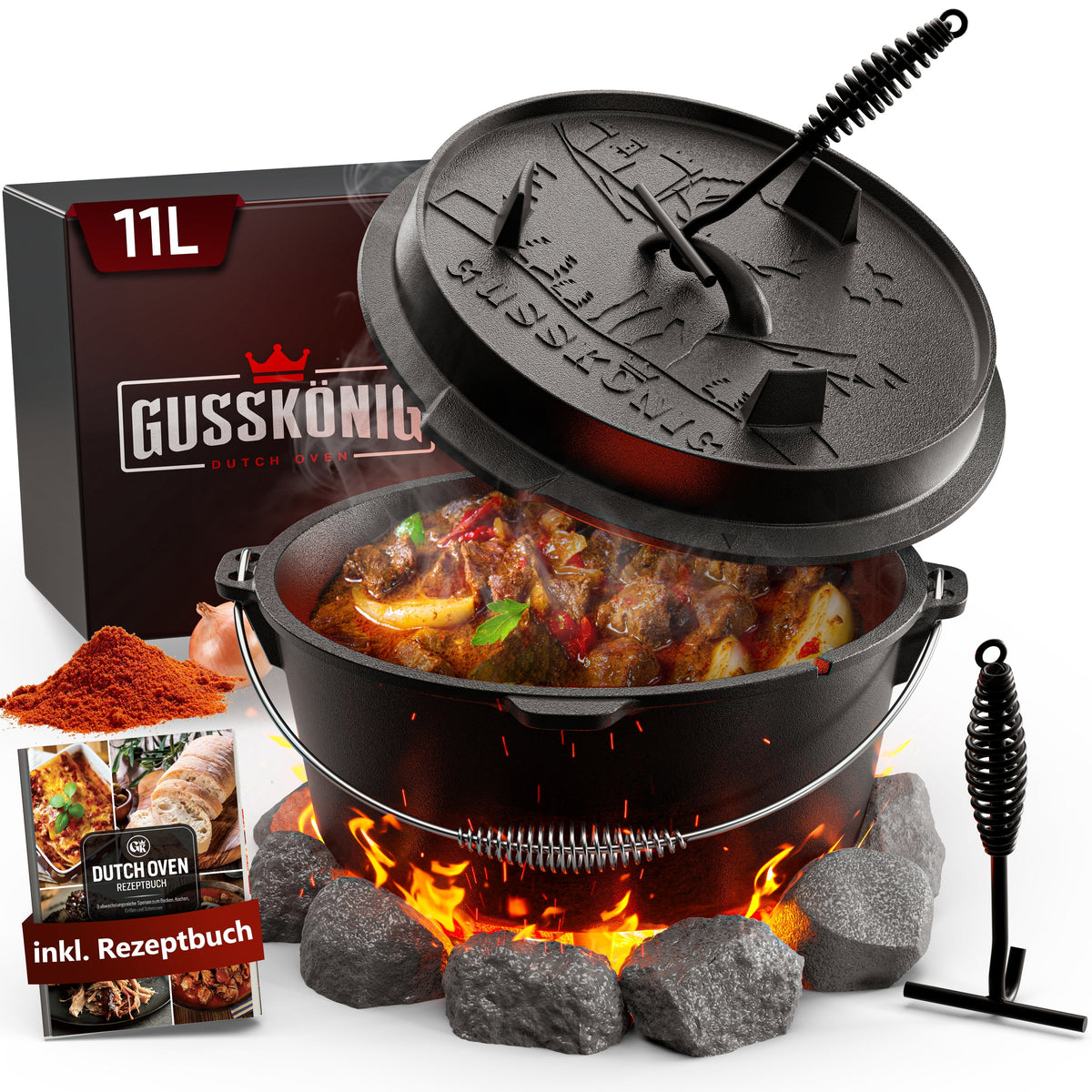 Rustikaler Dutch Oven mit Deckelheber und Standfüßen [4L, 6L, 8L, 11L]