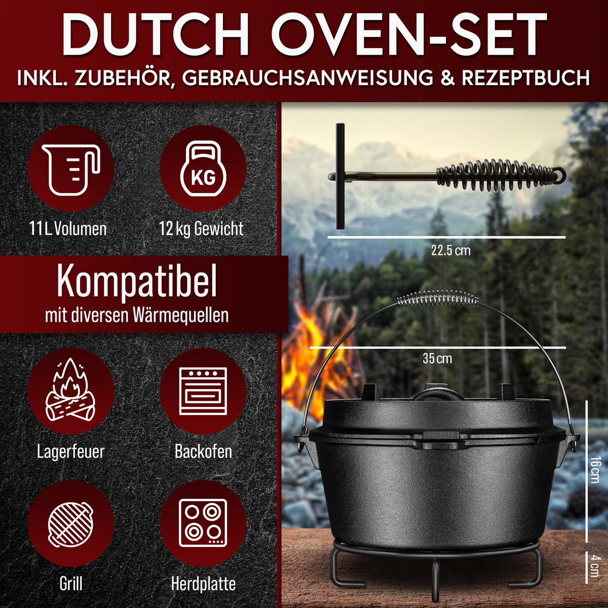 Rustikaler Dutch Oven mit Deckelheber und Standfüßen [4L, 6L, 8L, 11L]