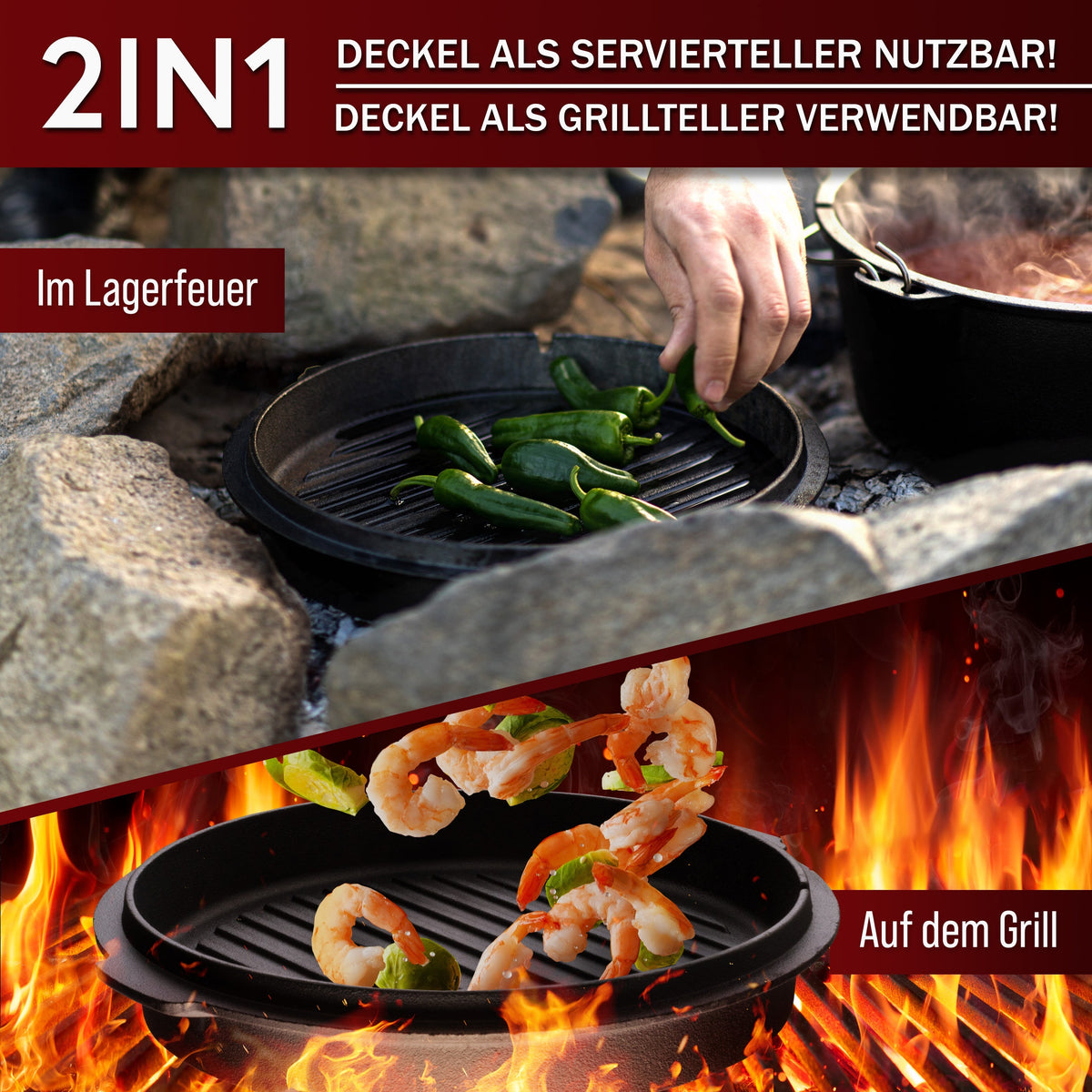Rustikaler Dutch Oven mit Deckelheber und Standfüßen [4L, 6L, 8L, 11L]
