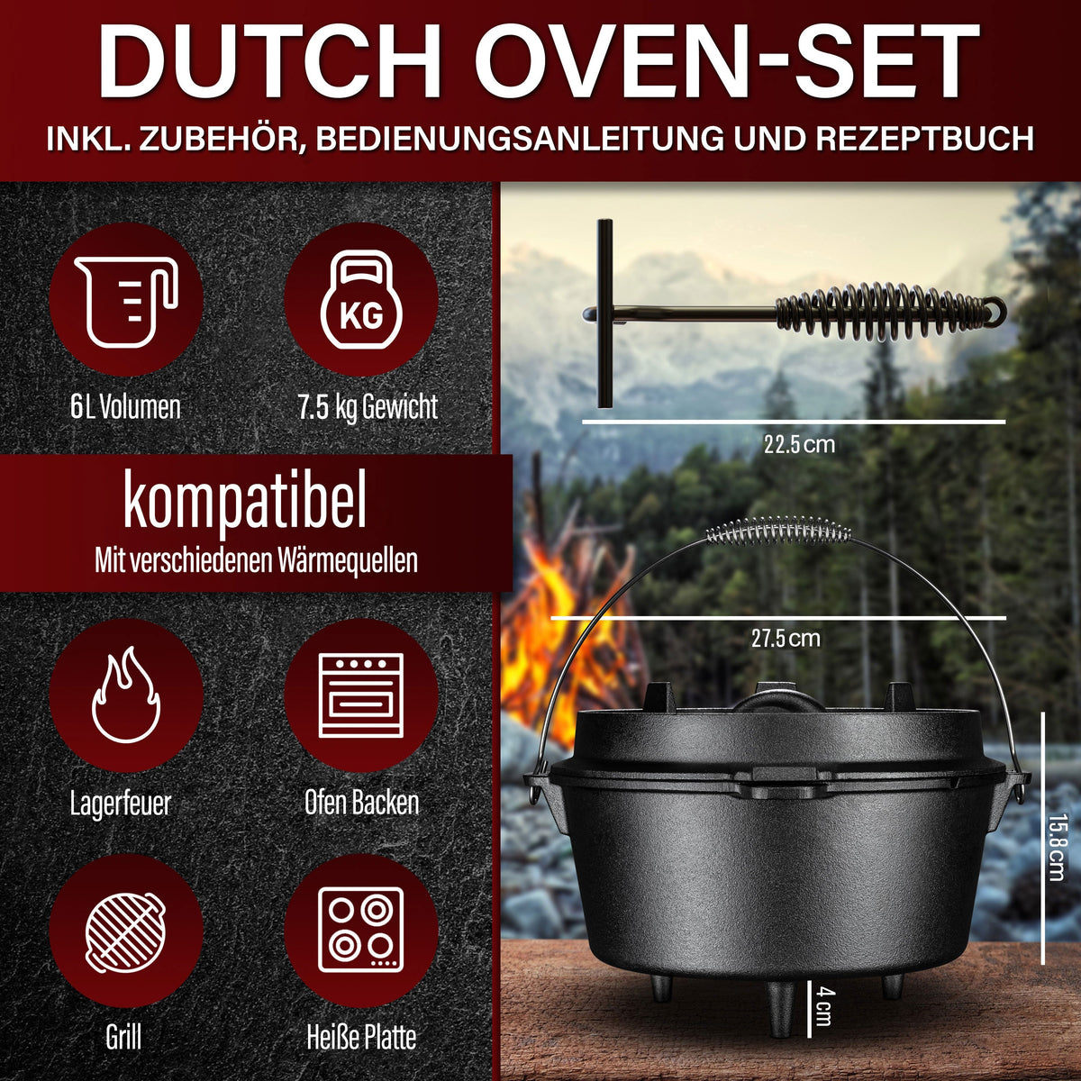 Rustikaler Dutch Oven mit Deckelheber und Standfüßen [4L, 6L, 8L, 11L]