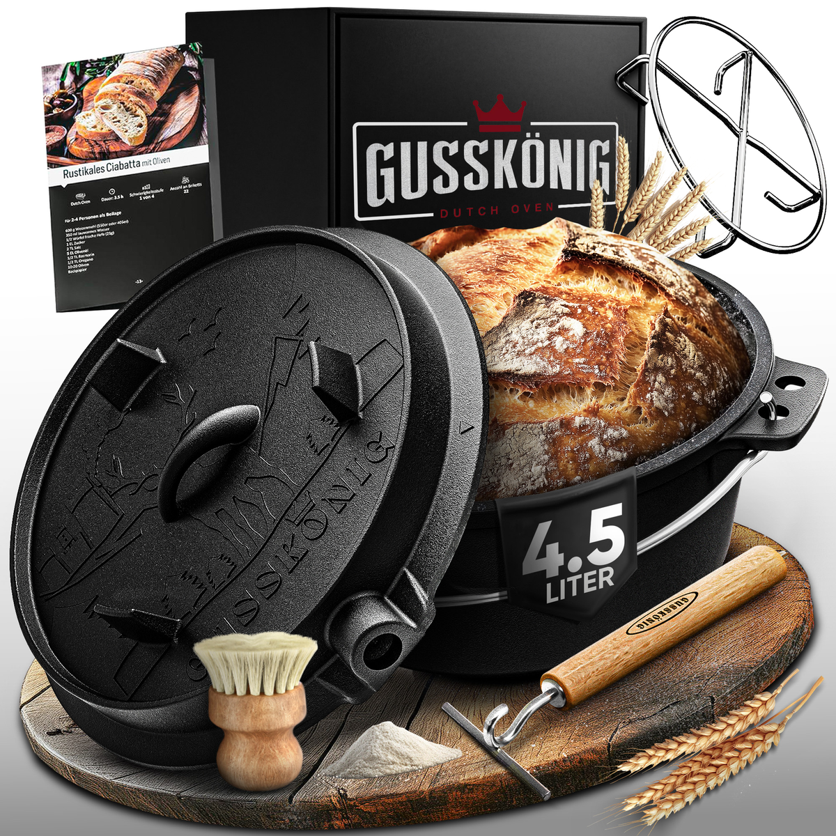 Gusskönig Gusseisen Brotbackform mit Deckel 26 cm - Brotbacktopf inkl. Rezeptbuch [4.5L, 9L, 12L]